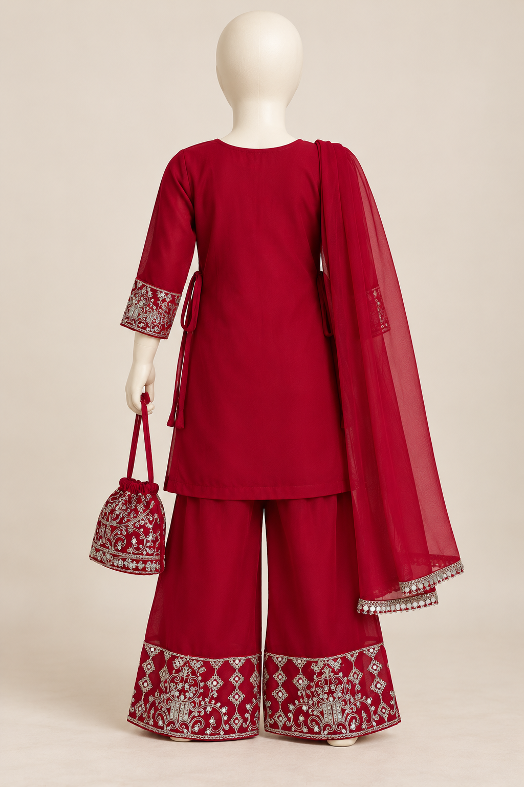 Girls’ Red Georgette Kurti Palazzo Set with Dupatta & Potli