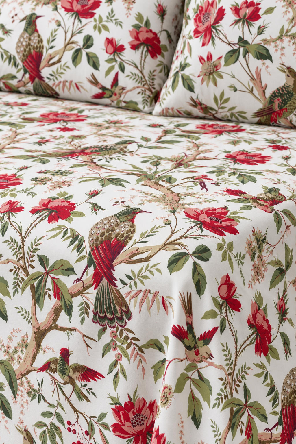 Red Floral & Bird Print King Flat Bedsheet Set with 2 Pillowcases