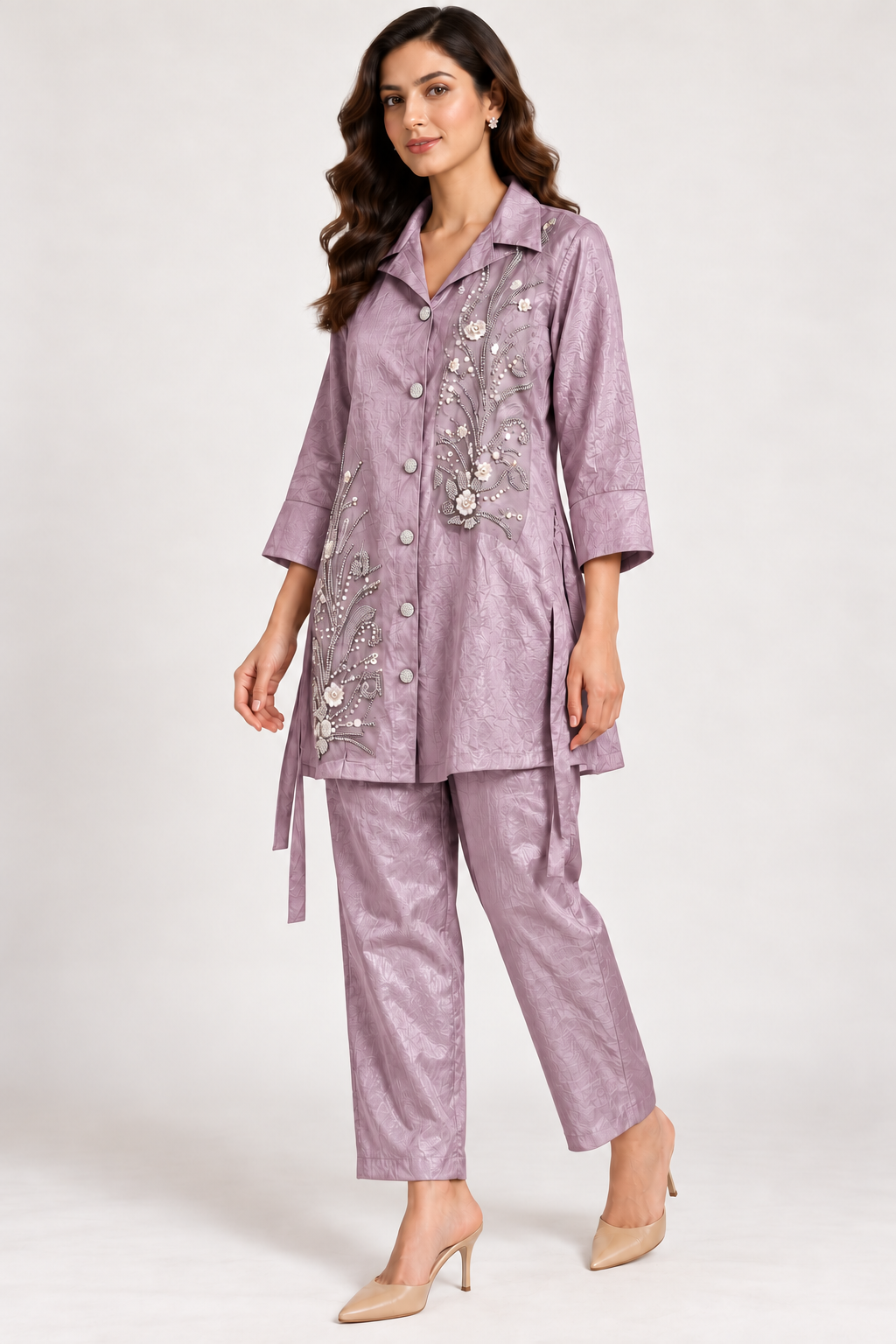 Dusty Mauve Botanical Embellished Co-ord Set – Size 38