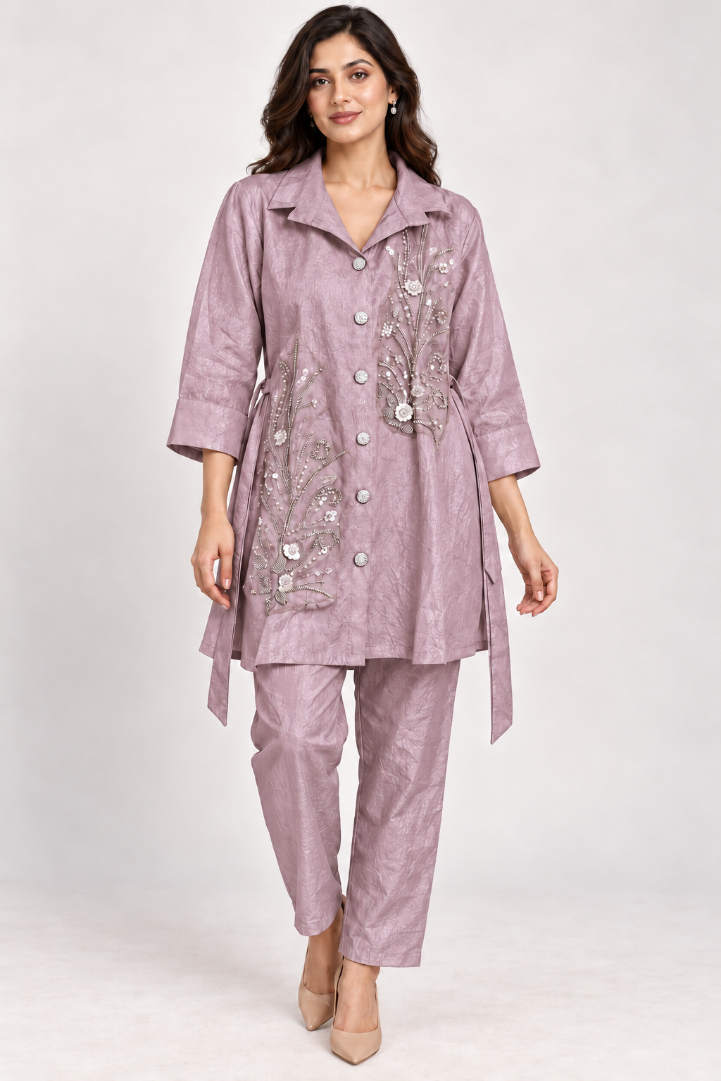 Dusty Mauve Botanical Embellished Co-ord Set – Size 38