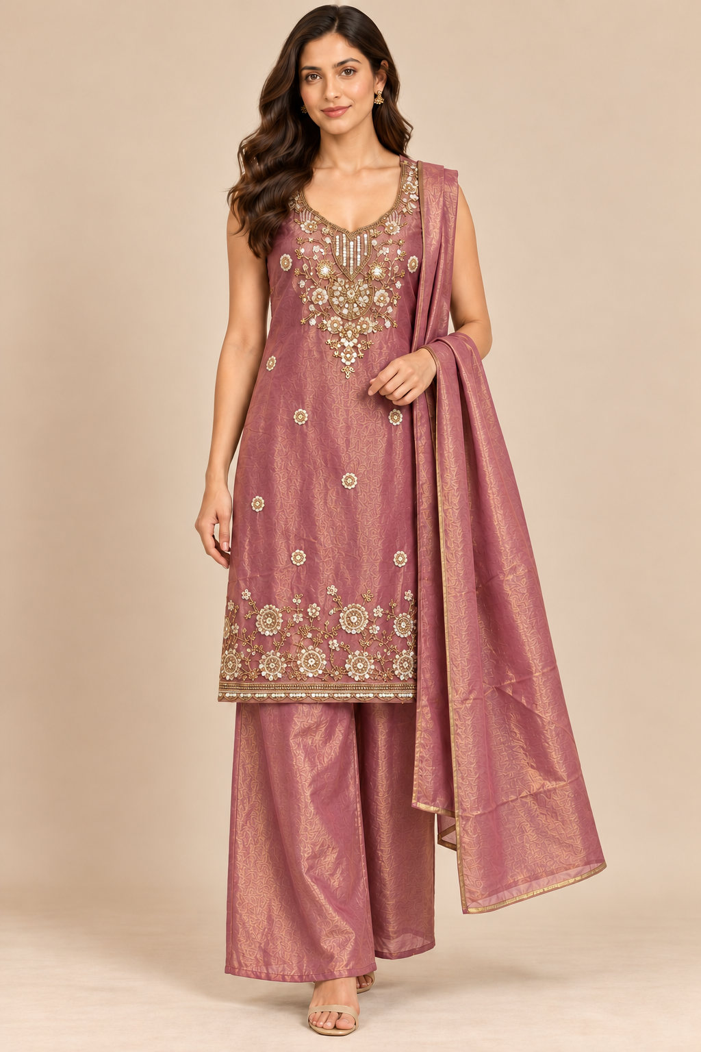 Dusty Rose Sleeveless Embroidered Kurta Palazzo Set with Dupatta