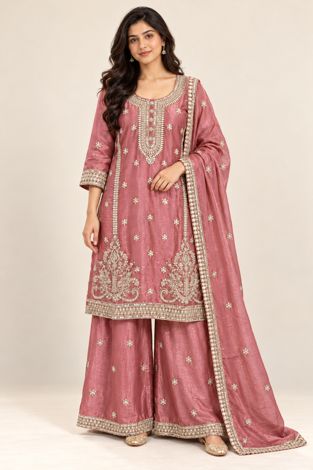 Dusty Rose Pink Embroidered Kurta Palazzo Suit with Dupatta