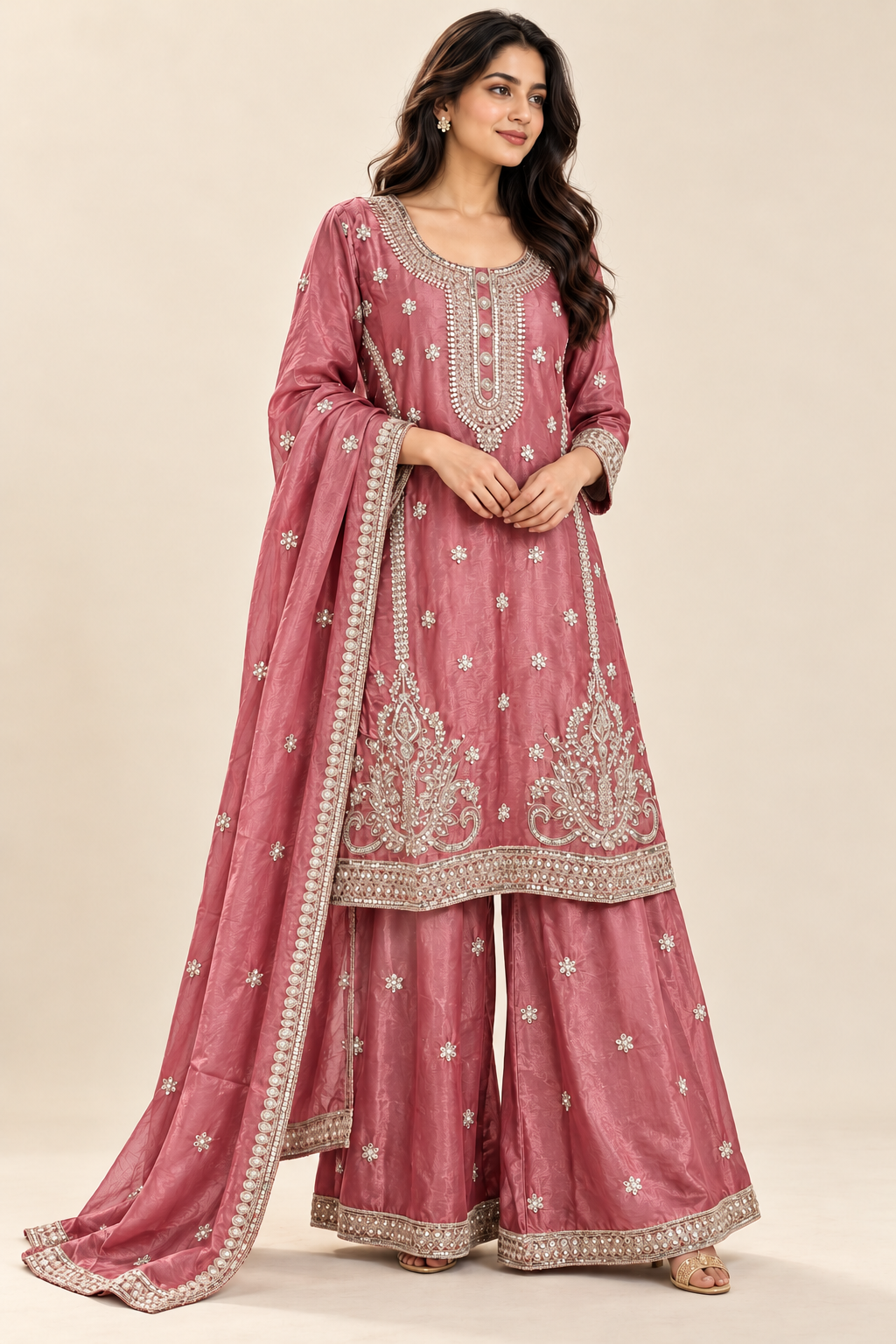 Dusty Rose Pink Embroidered Kurta Palazzo Suit with Dupatta