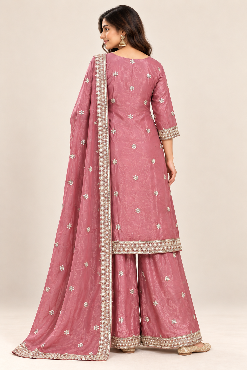 Dusty Rose Pink Embroidered Kurta Palazzo Suit with Dupatta
