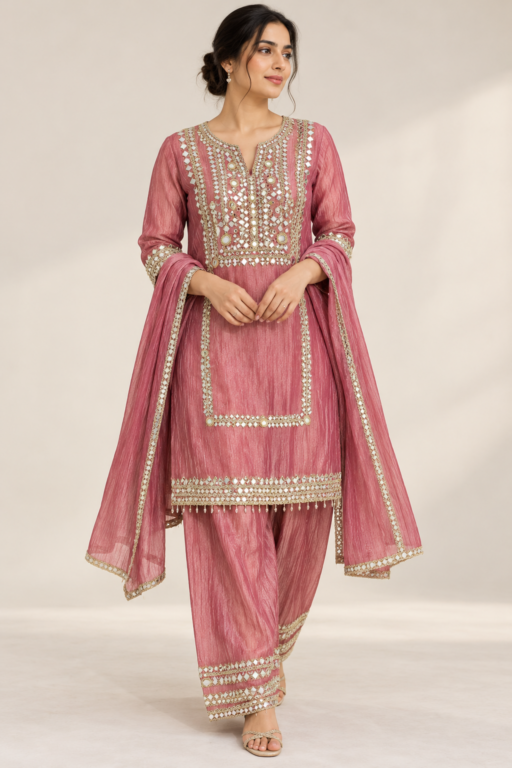 Dusty Rose / Mauve Mirror-Work Farshi Salwar Suit – 3-Piece Set