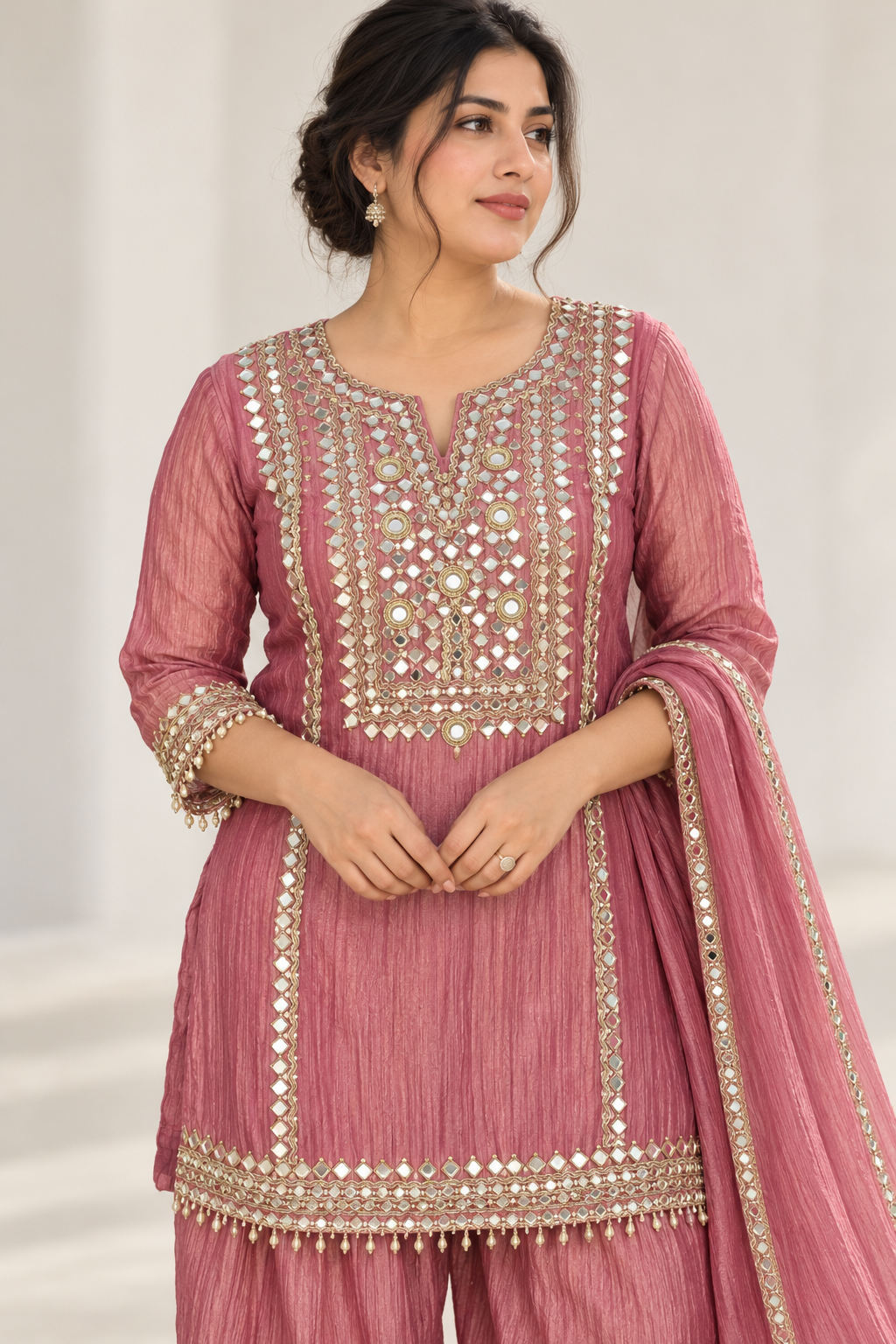 Dusty Rose / Mauve Mirror-Work Farshi Salwar Suit – 3-Piece Set