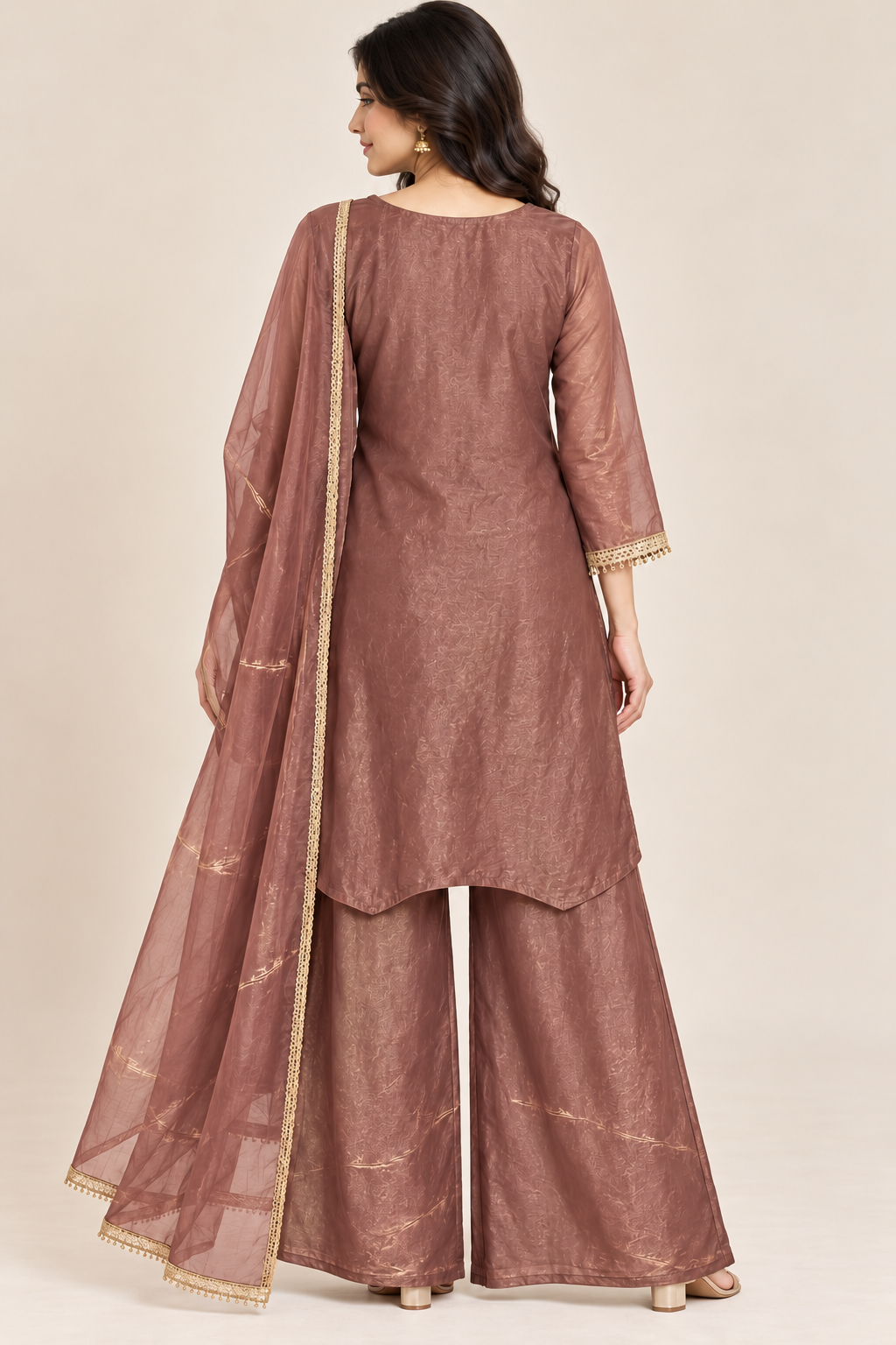 Dusty Rose Gold Embroidered Kurta Palazzo Set with Dupatta
