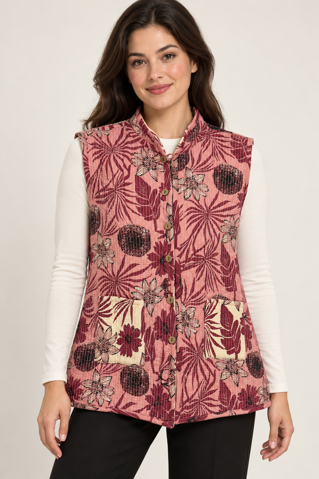 Women’s Reversible Floral Quilted Sleeveless Jacket – Cream & Dusty Rose