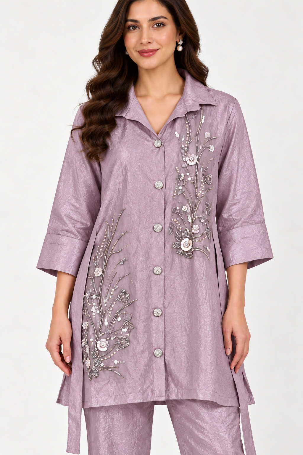 Dusty Mauve Botanical Embellished Co-ord Set – Size 38
