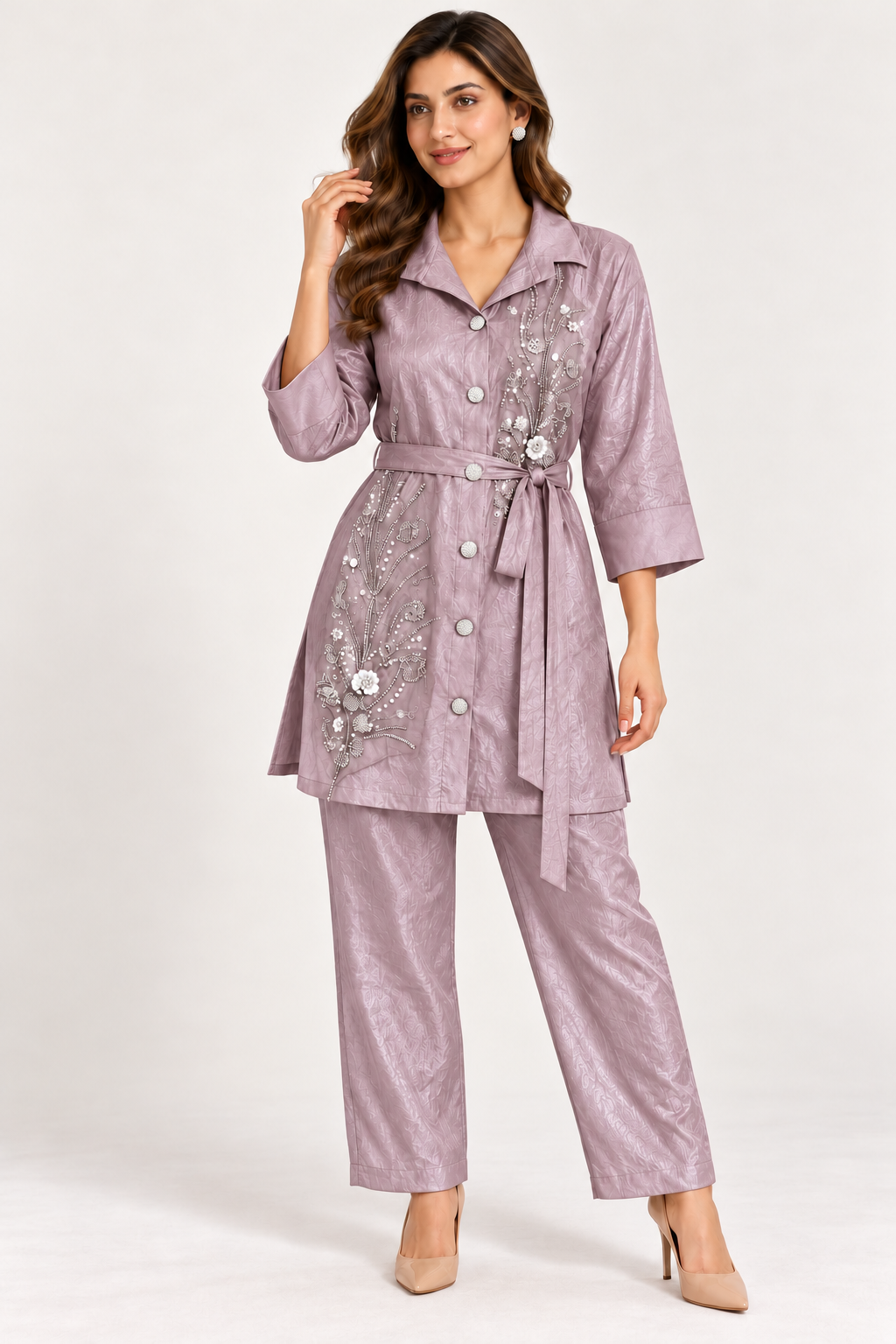 Dusty Mauve Botanical Embellished Co-ord Set – Size 38