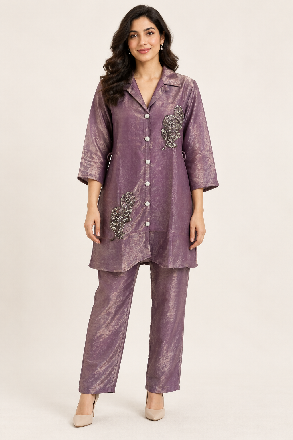 Mauve Purple Embellished Co-ord Set with Belt Option – Size 38
