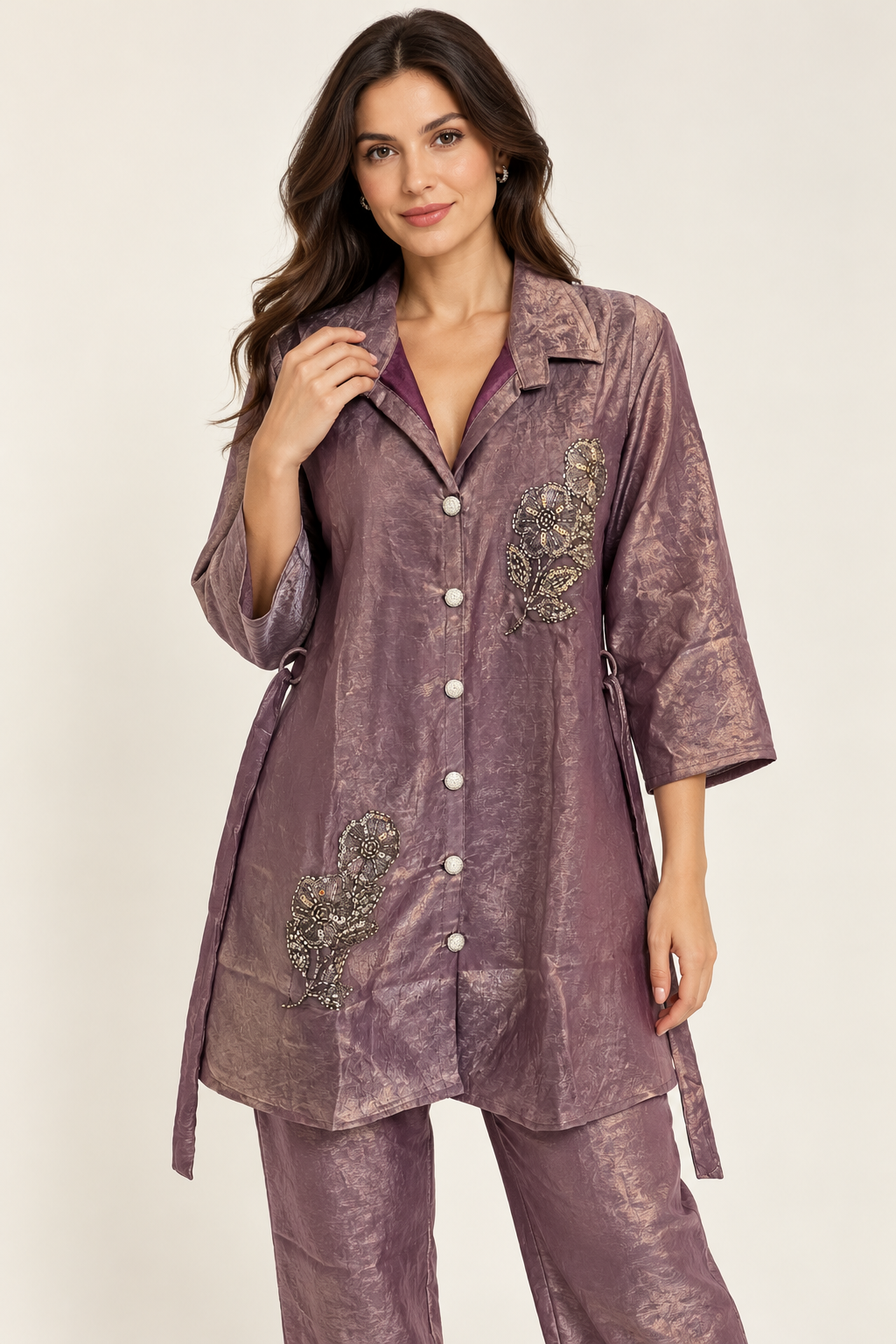 Mauve Purple Embellished Co-ord Set with Belt Option – Size 38