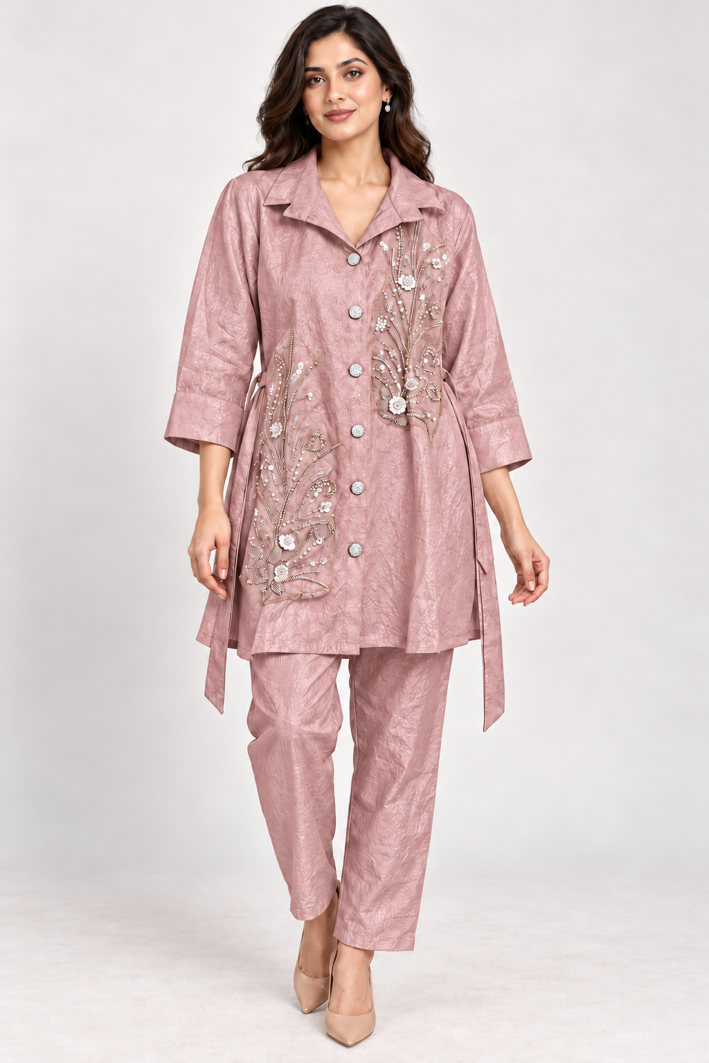 Dusty Rose Pink Botanical Embellished Co-ord Set – Size 38
