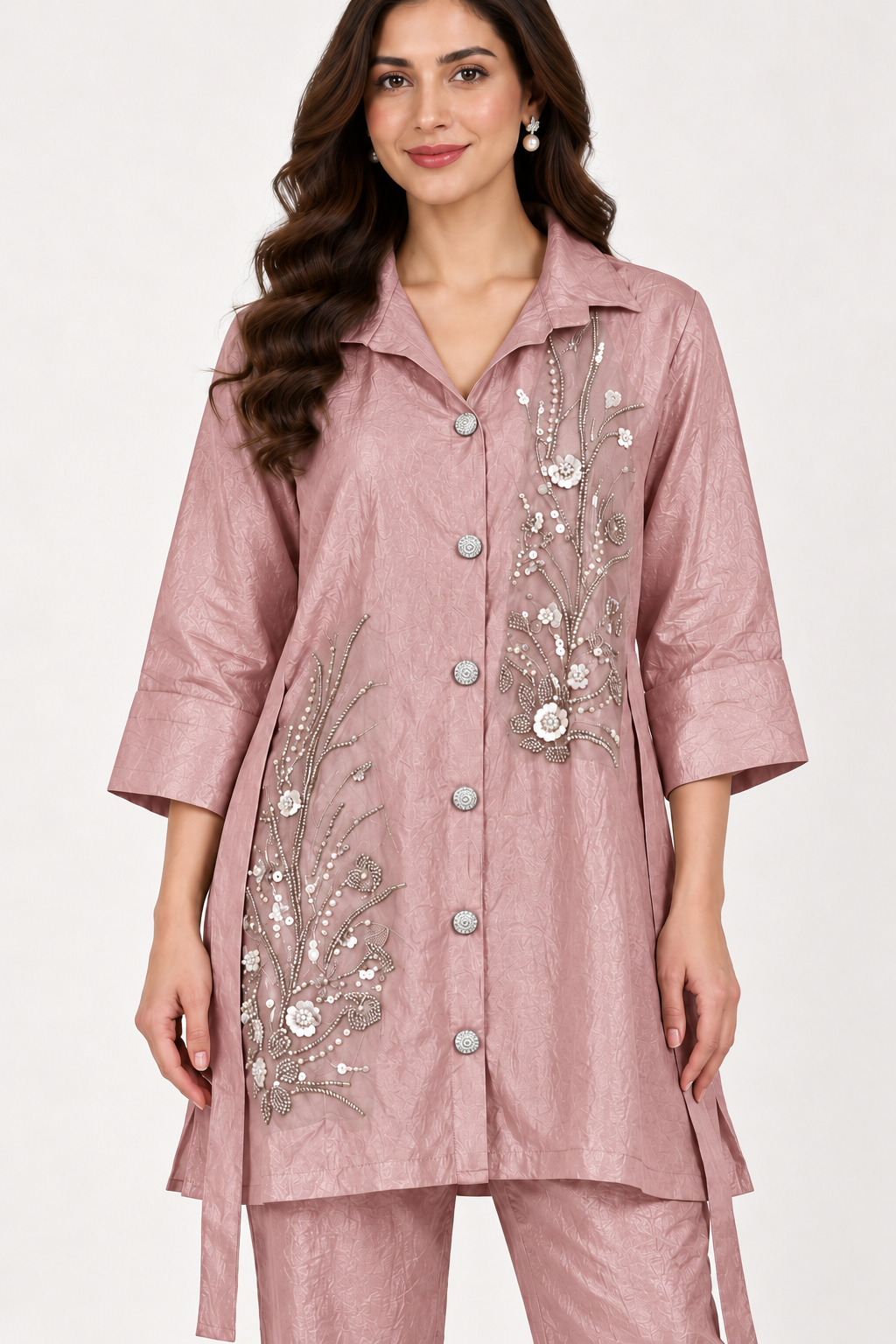 Dusty Rose Pink Botanical Embellished Co-ord Set – Size 38