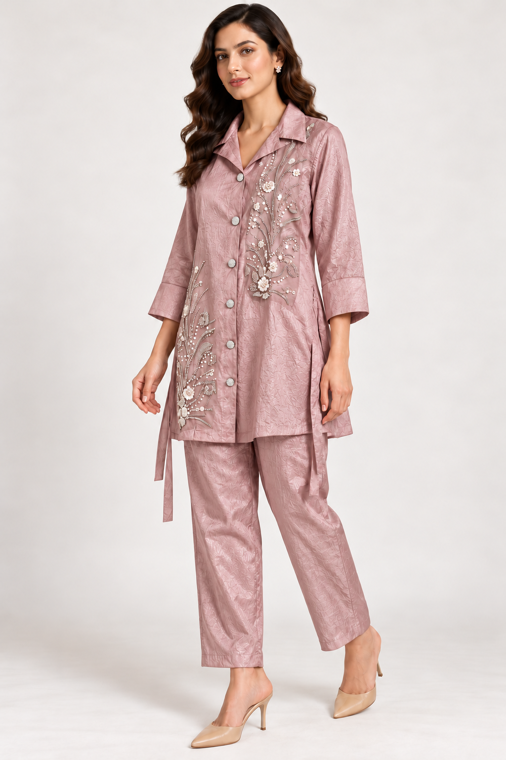 Dusty Rose Pink Botanical Embellished Co-ord Set – Size 38