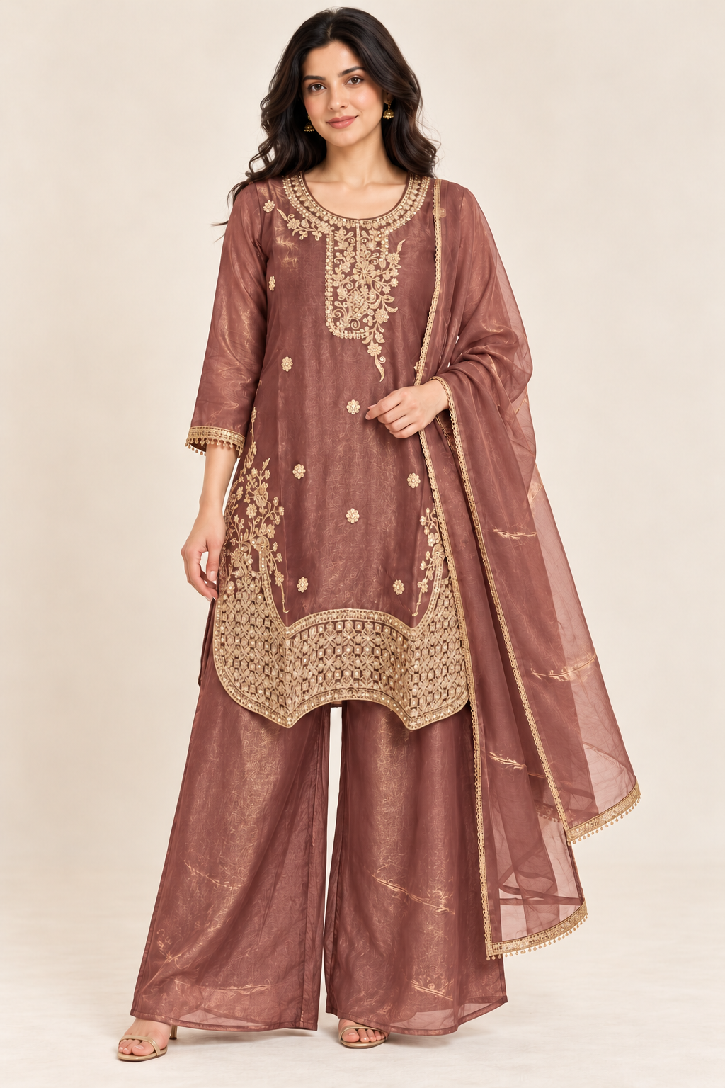 Dusty Rose Gold Embroidered Kurta Palazzo Set with Dupatta
