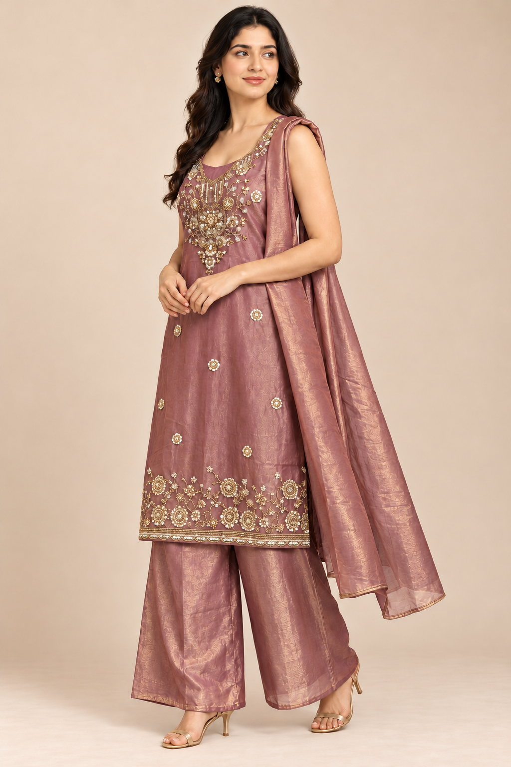 Dusty Rose Sleeveless Embroidered Kurta Palazzo Set with Dupatta