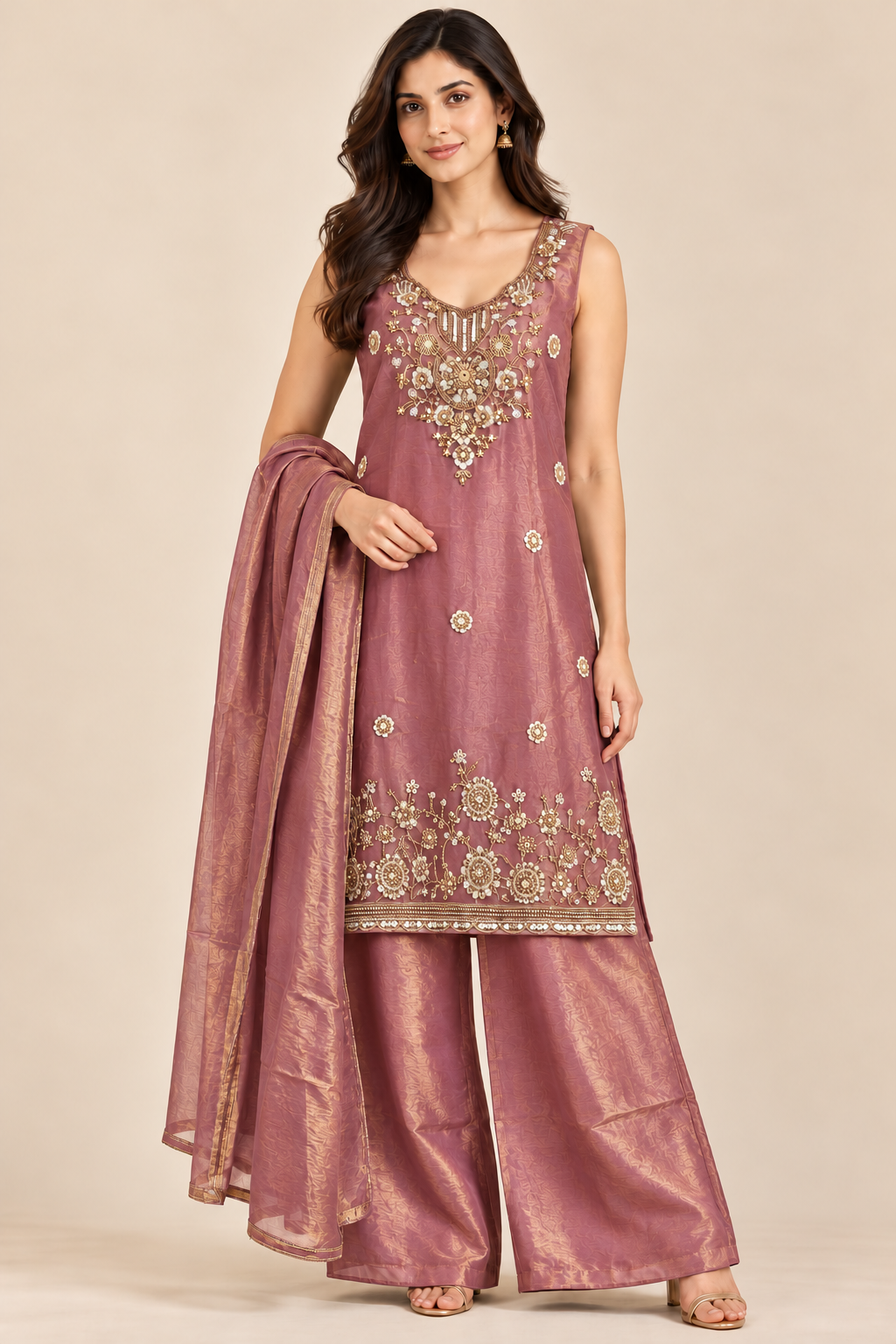Dusty Rose Sleeveless Embroidered Kurta Palazzo Set with Dupatta