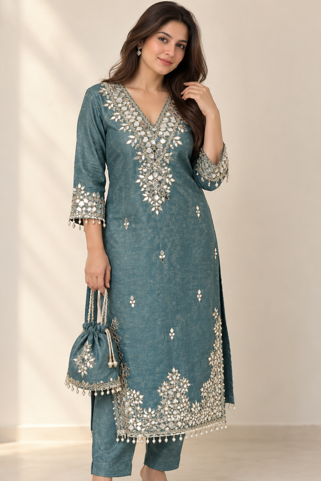 Dusty Teal Mirror-Work Kurti Pant & Dupatta Suit with Potli – 4-Piece Set