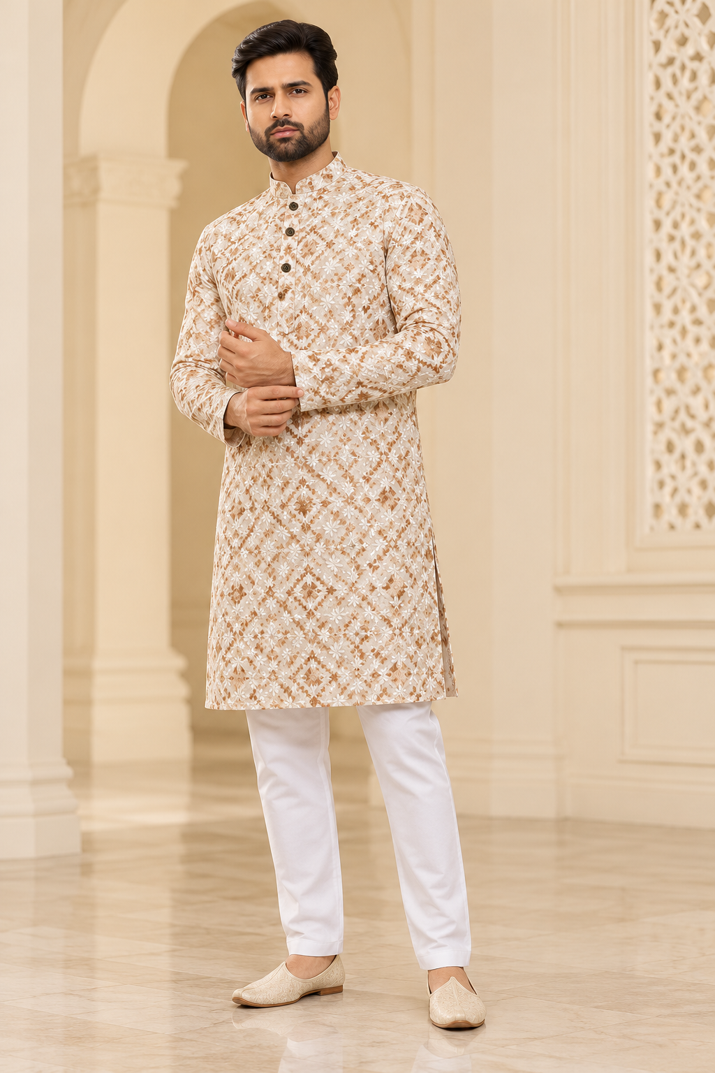 Men’s Ivory & Beige Embroidered Kurta with White Pajama | Heavy Festive Wear