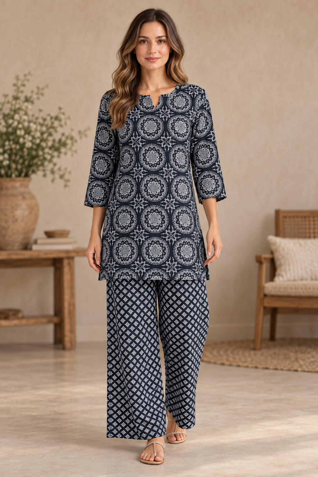 Navy Blue & White Medallion Print Cotton Co-ord Set for Women | 2-Piece Outfit