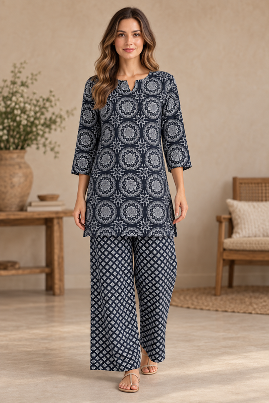 Navy Blue & White Medallion Print Cotton Co-ord Set for Women | 2-Piece Outfit