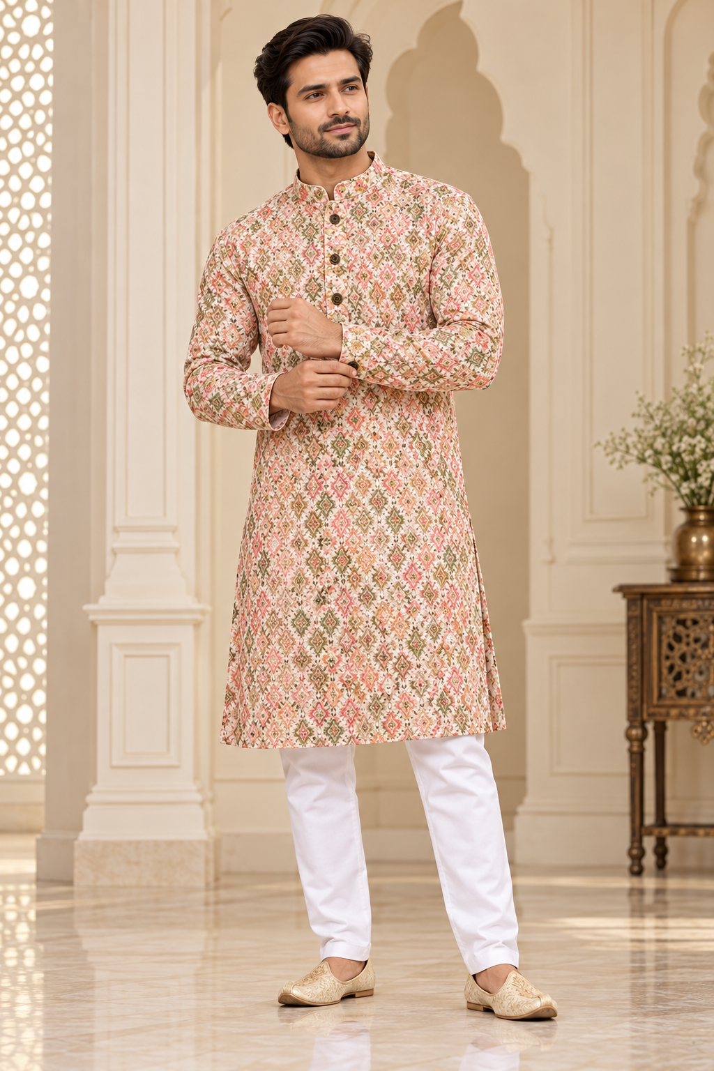Men’s Ivory & Coral Embroidered Kurta with White Pajama | Heavy Festive Wear