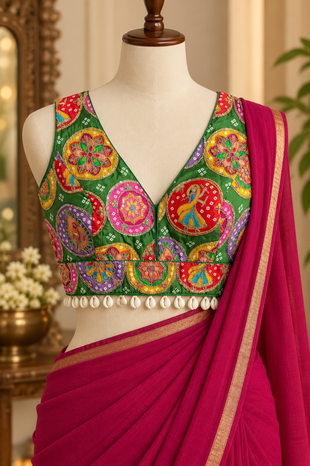 Green Multicolor Embroidered Crepe Silk Padded Blouse with Cowrie Shell Trim