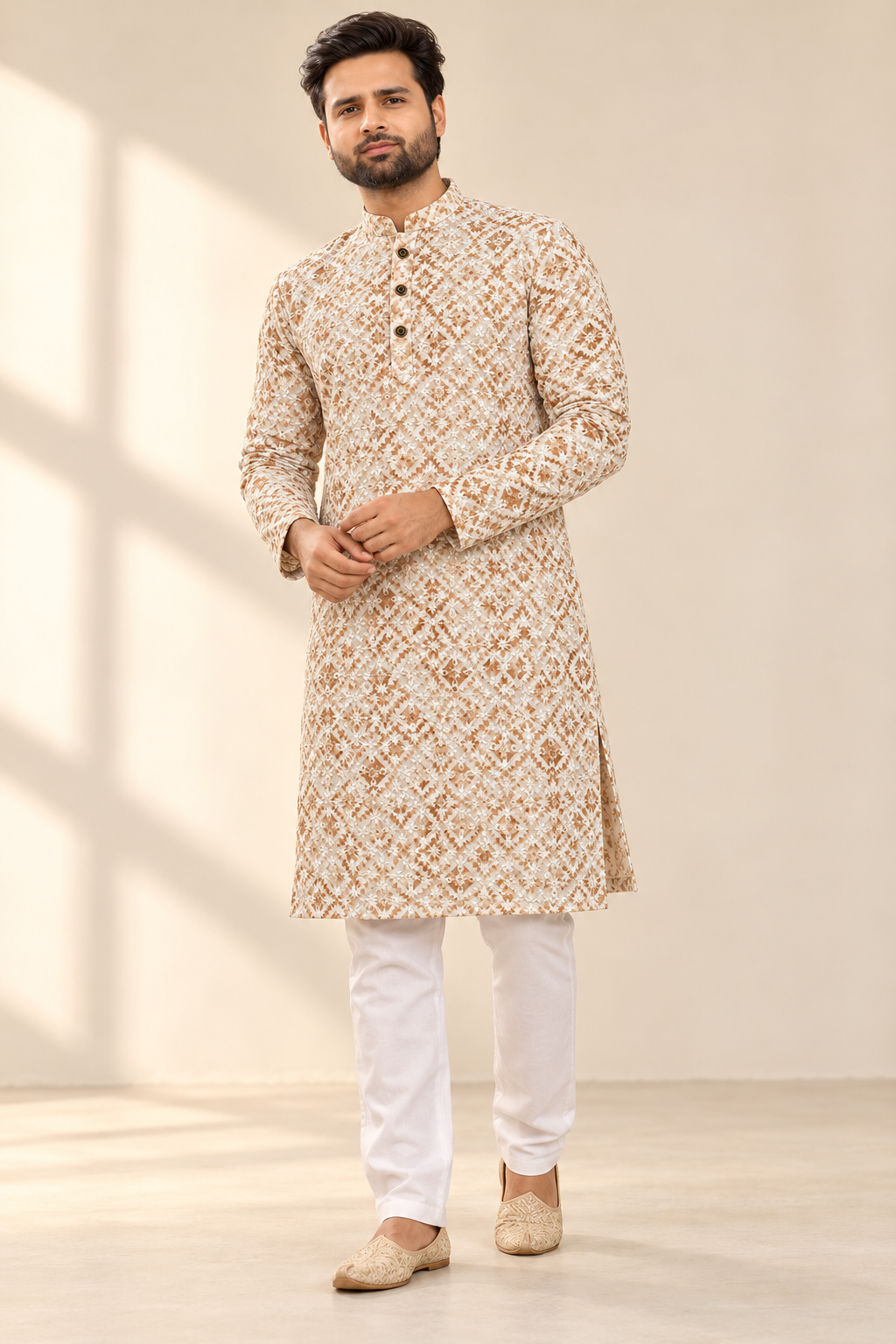 Men’s Ivory & Beige Embroidered Kurta with White Pajama | Heavy Festive Wear