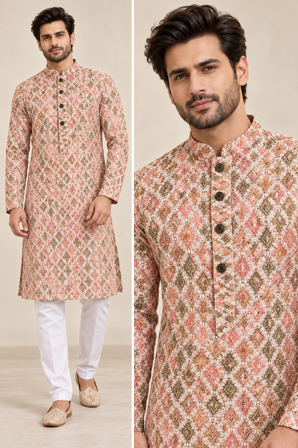 Men’s Ivory & Coral Embroidered Kurta with White Pajama | Heavy Festive Wear