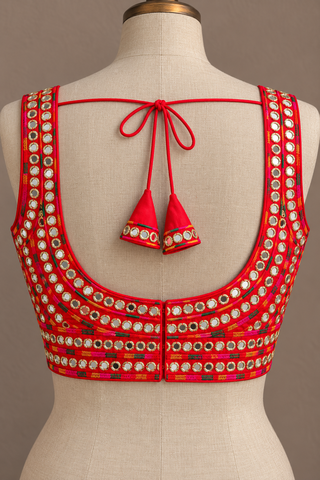 Red Mirror Work Raw Silk Applecut Blouse