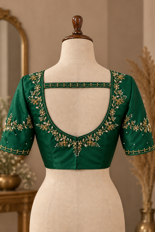 Soft Silk Embellished Saree Blouse | Green Color