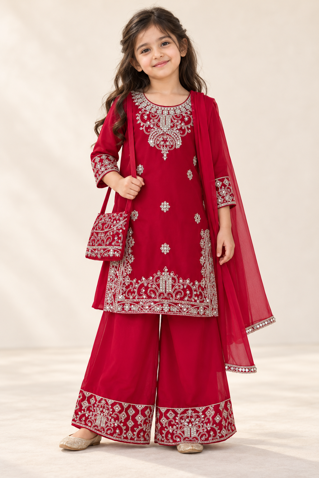 Girls’ Red Georgette Kurti Palazzo Set with Dupatta & Potli