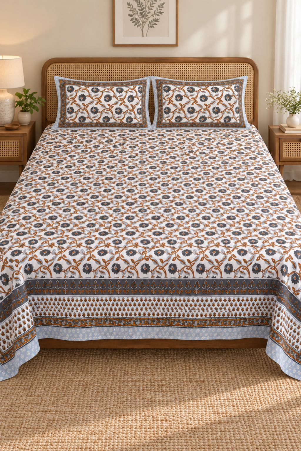Queen Size Flat Bedsheet – Charcoal Floral & Ochre Vine Print