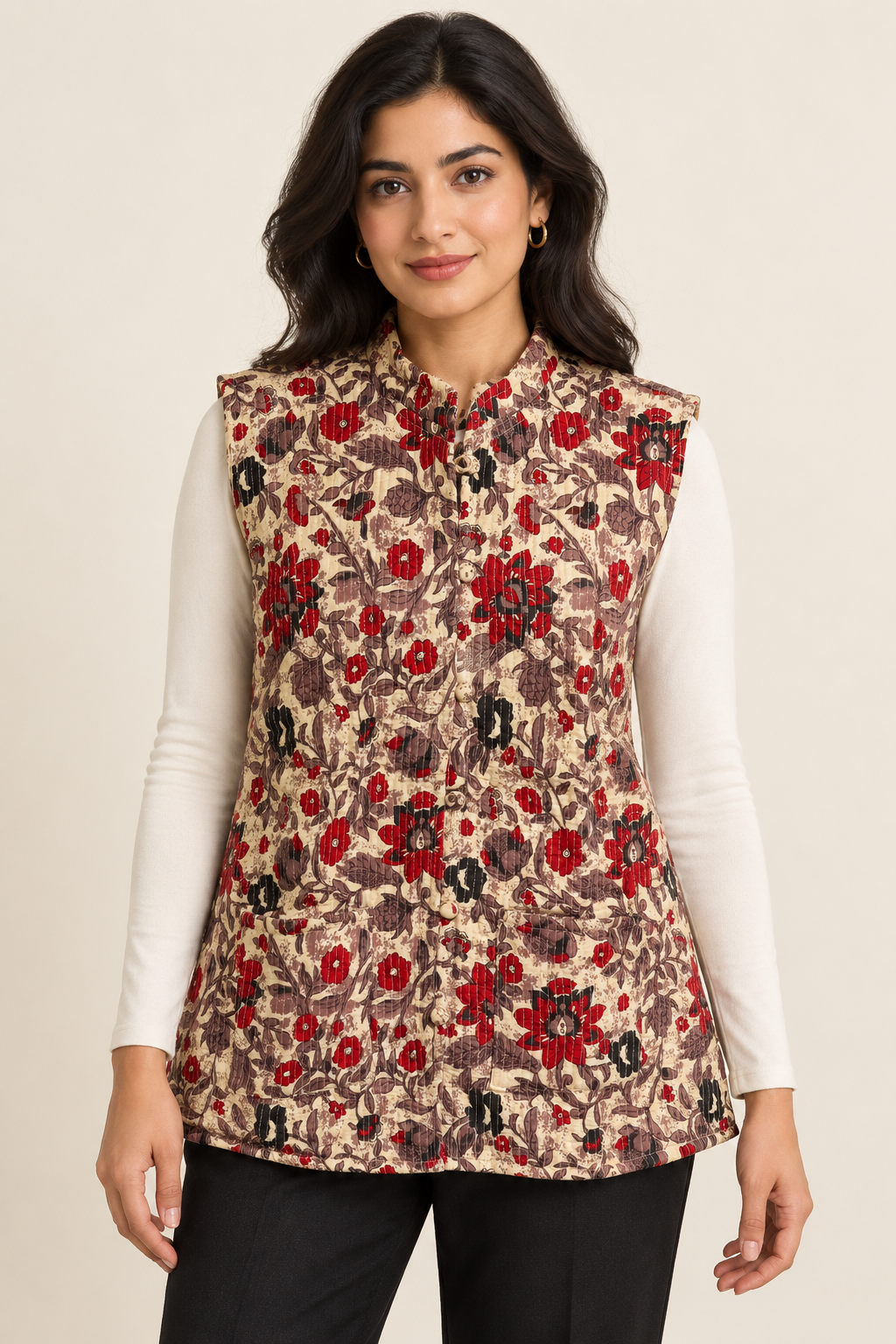 Women’s Reversible Floral Quilted Sleeveless Jacket – Cream & Red