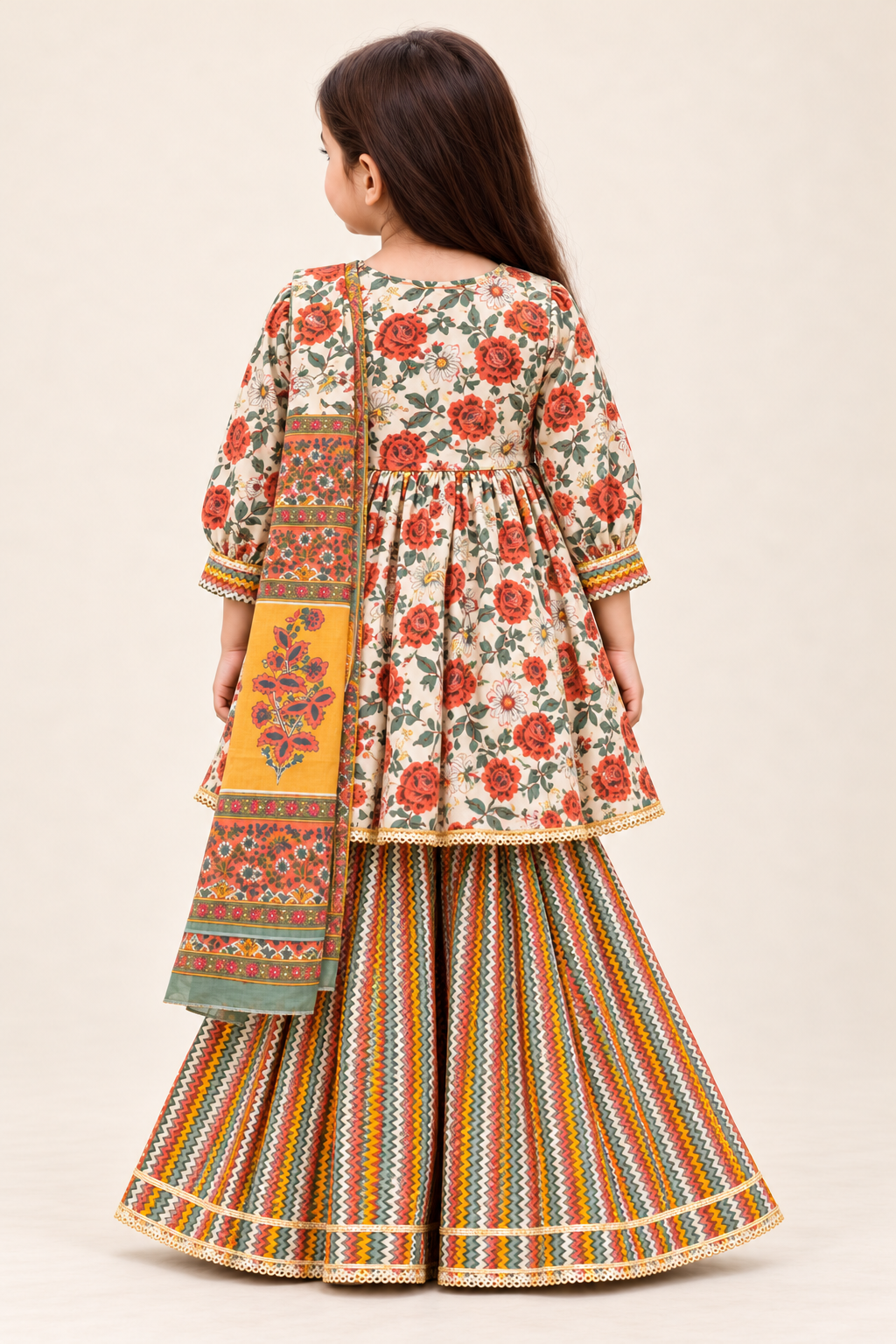 Girls’ Cream Floral & Multicolor Sharara Set with Dupatta