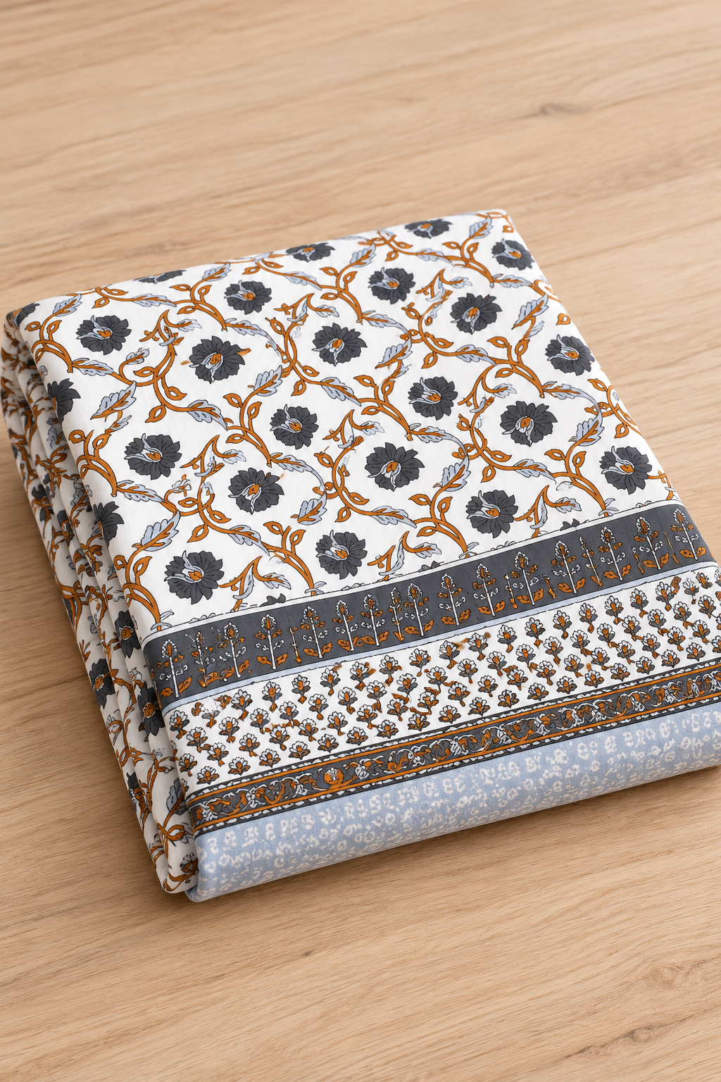 Queen Size Flat Bedsheet – Charcoal Floral & Ochre Vine Print