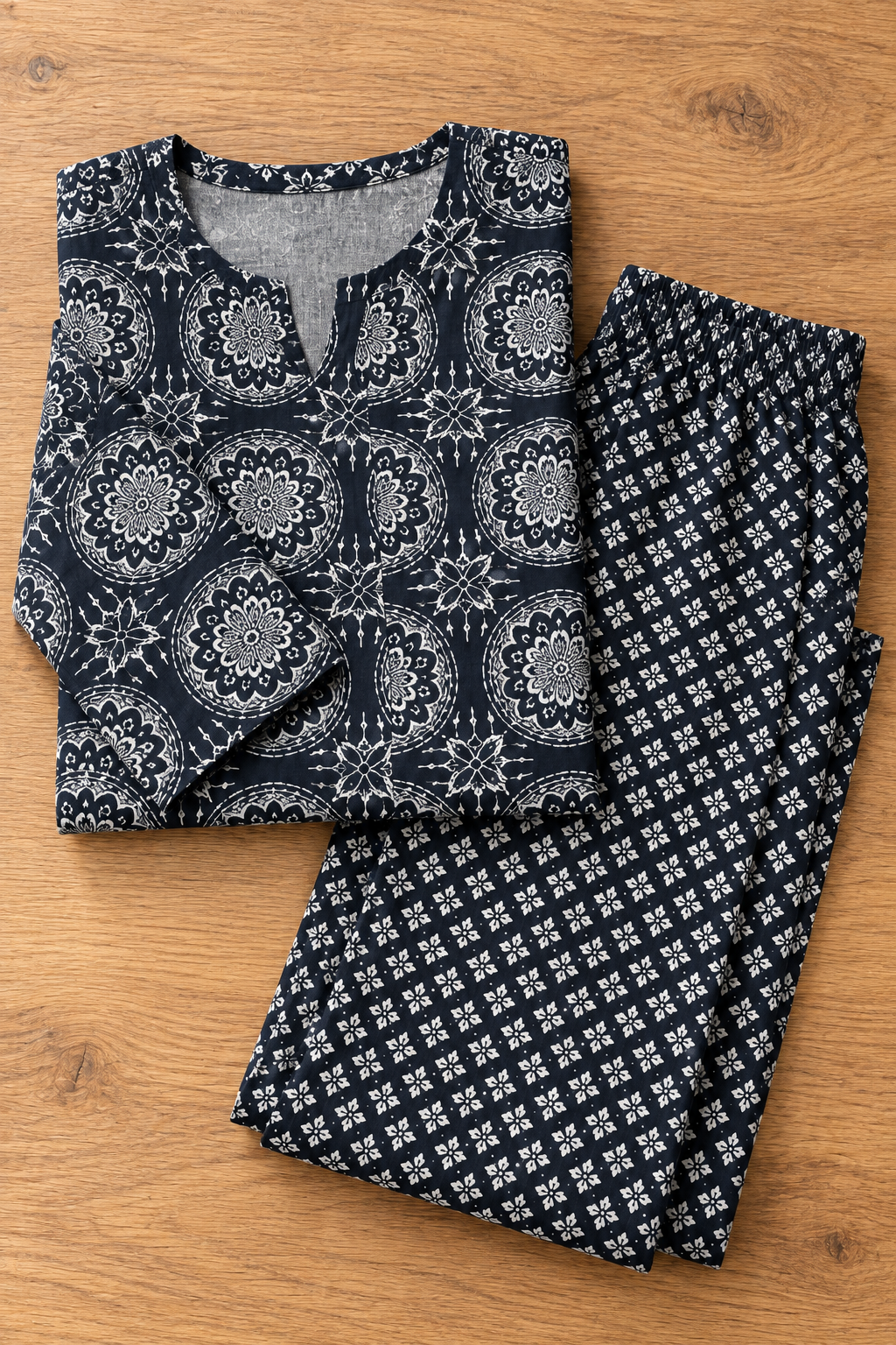 Navy Blue & White Medallion Print Cotton Co-ord Set for Women | 2-Piece Outfit