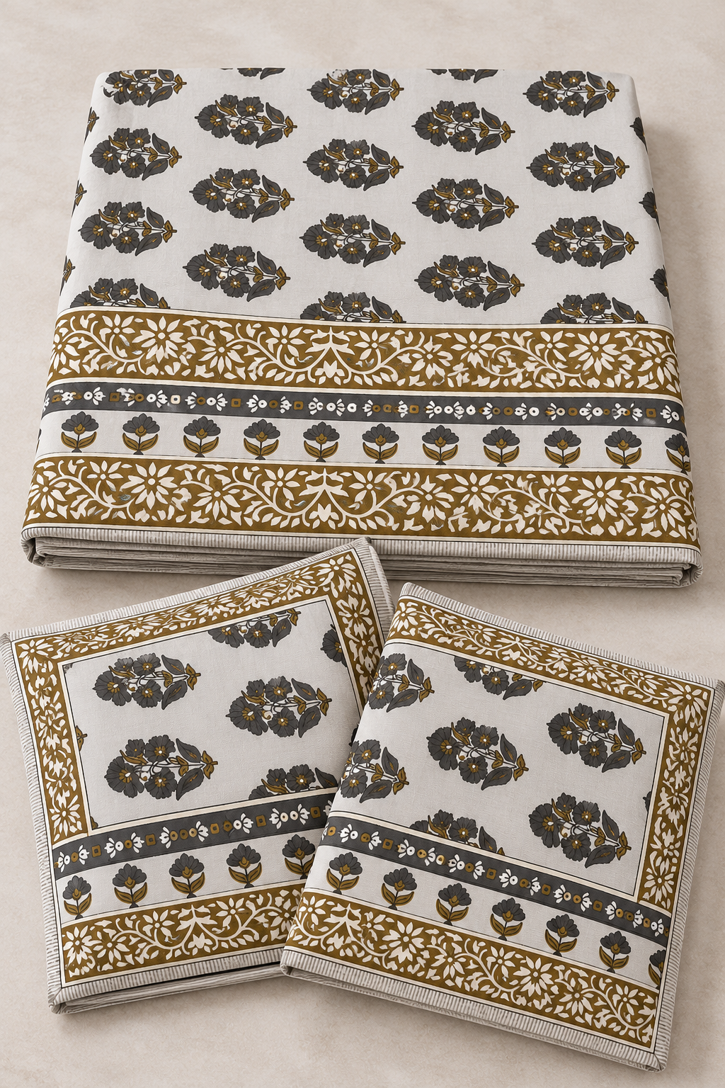 Charcoal & Olive Floral Queen Flat Bedsheet Set with 2 Pillow Covers