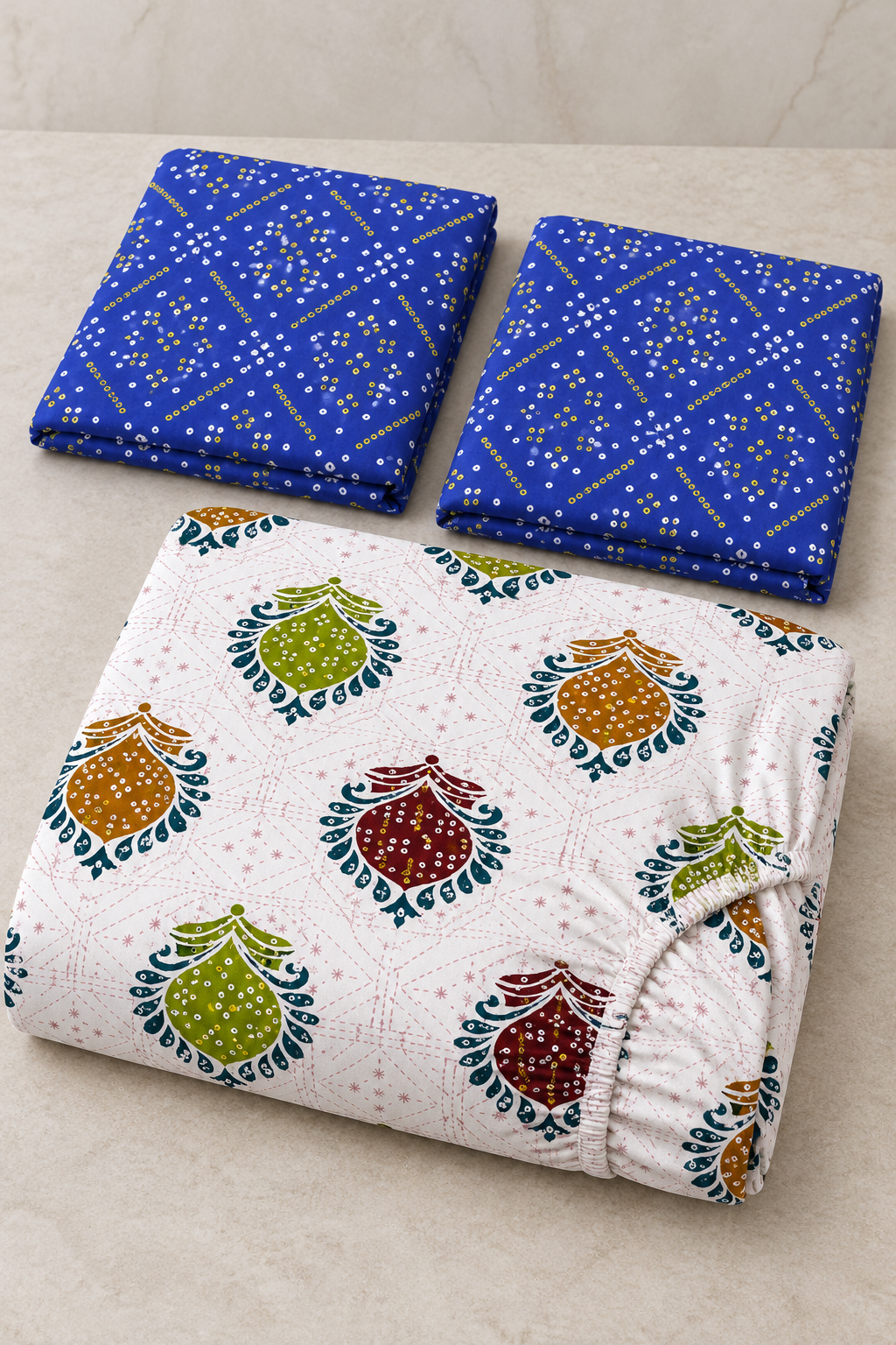 Multicolor Medallion Queen Fitted Bedsheet Set with 2 Royal Blue Pillow Covers — 16″ Deep Pocket