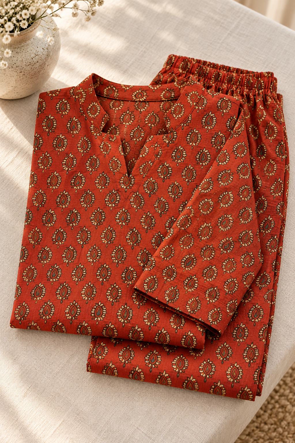 Brick Red Paisley Co-ord Set – Notched Neck Tunic & Matching Pants