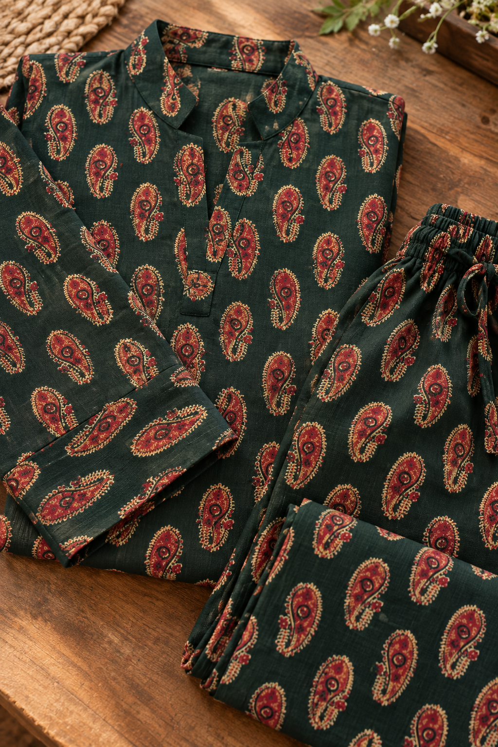 Dark Green Paisley Cotton Co-ord Set with Palazzo Pants