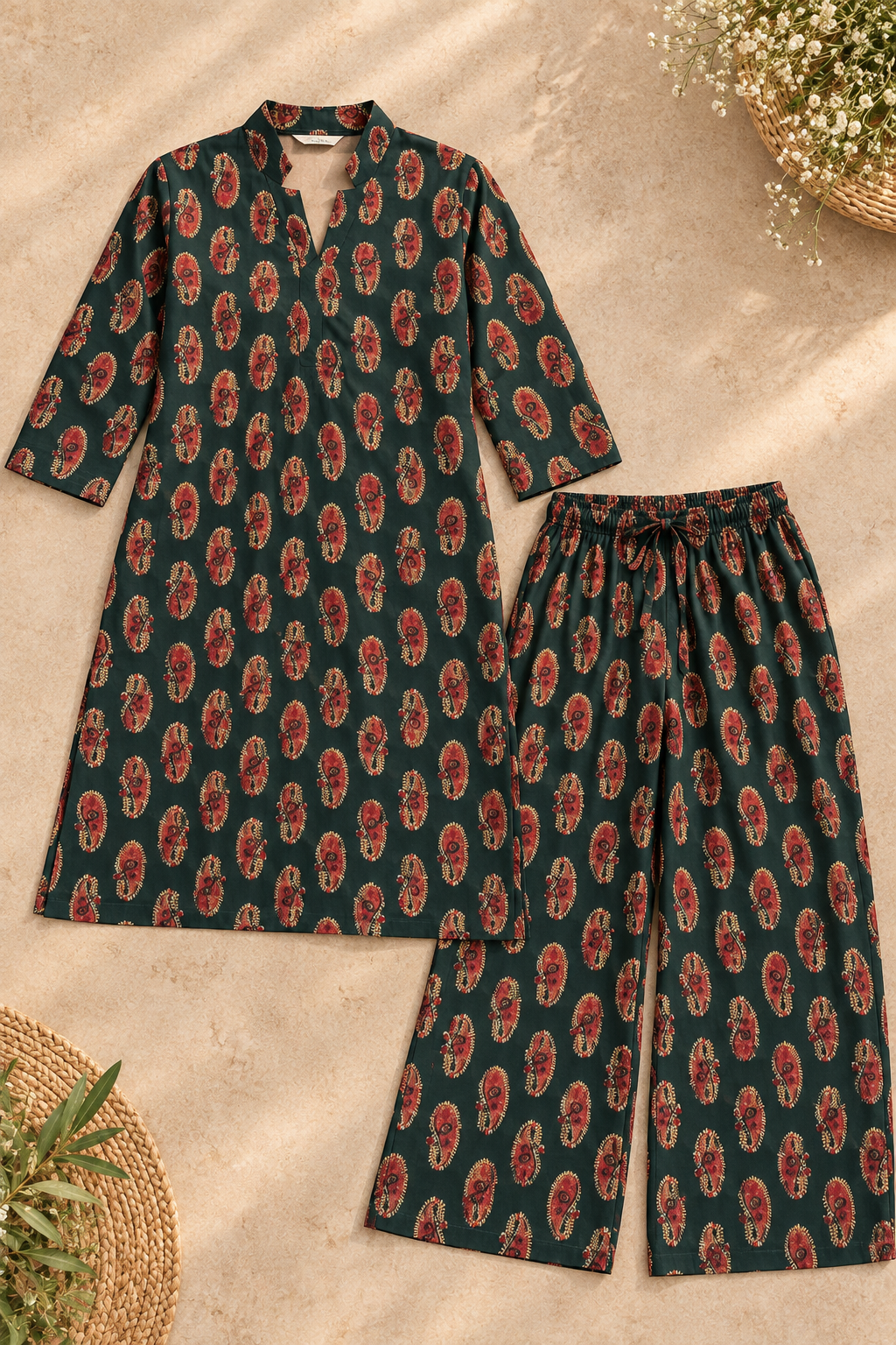 Dark Green Paisley Cotton Co-ord Set with Palazzo Pants