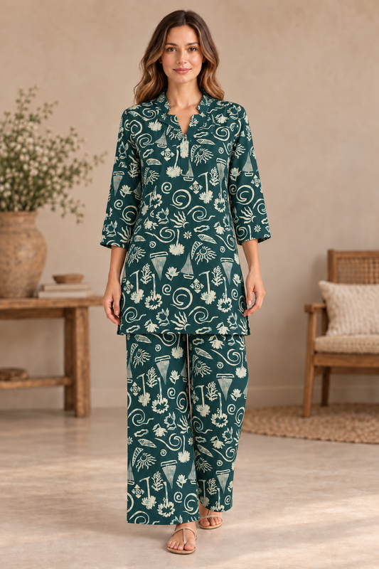 Forest Green & Cream Printed Cotton Co-ord Set for Women | 2-Piece Outfit