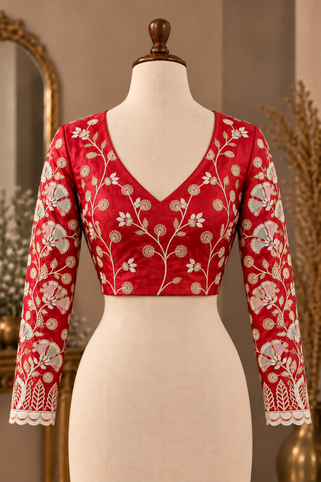 Floral Vine Embroidered Saree Blouse | Red