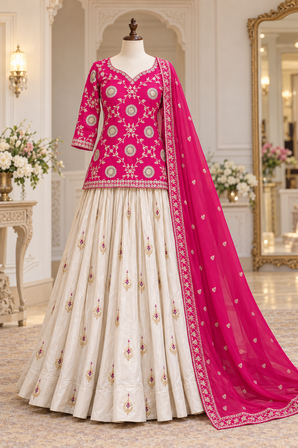 Hot Pink Embroidered Chinon Kurti with Ivory Tissue Silk Lehenga & Dupatta