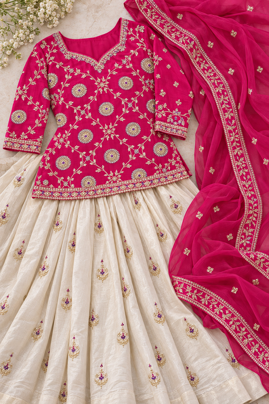 Hot Pink Embroidered Chinon Kurti with Ivory Tissue Silk Lehenga & Dupatta