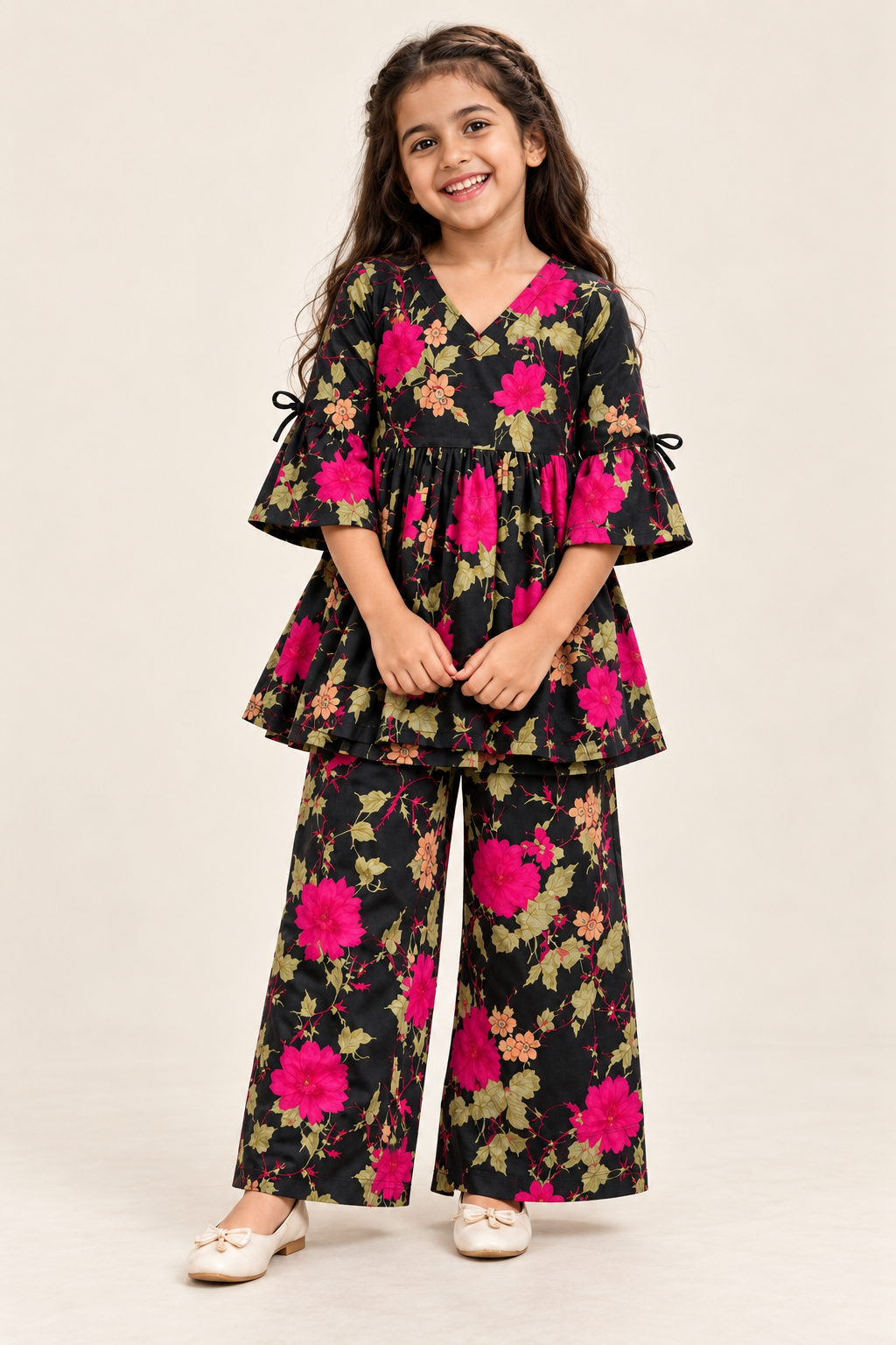 Girls’ Black & Pink Floral Peplum Co-ord Set