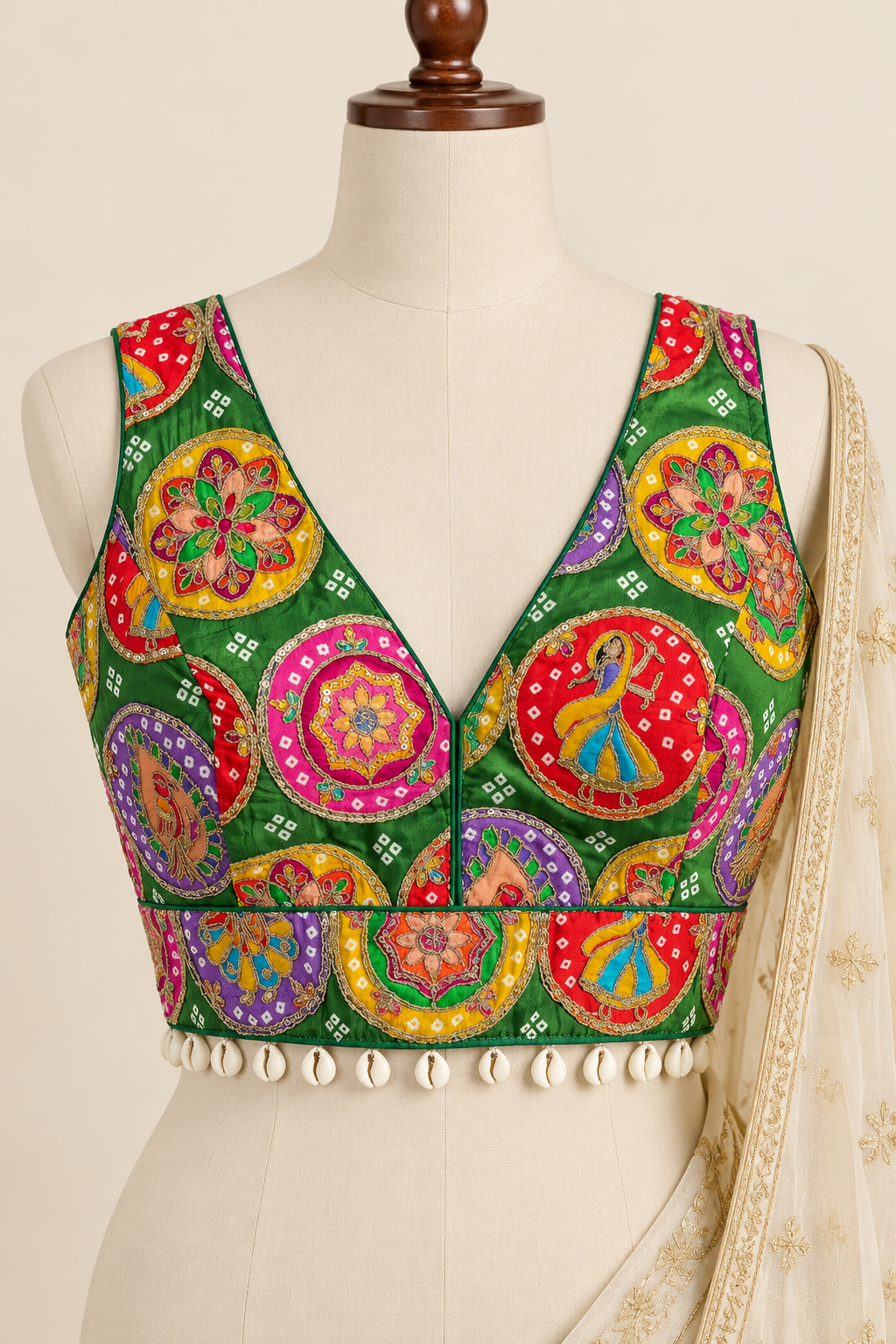 Green Multicolor Embroidered Crepe Silk Padded Blouse with Cowrie Shell Trim