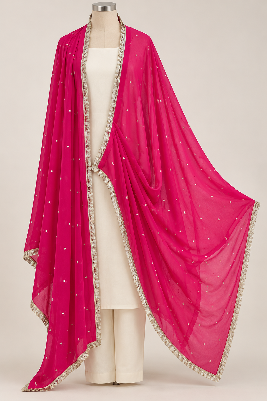 Hot Pink Faux Georgette Butti Dupatta with Metallic Border